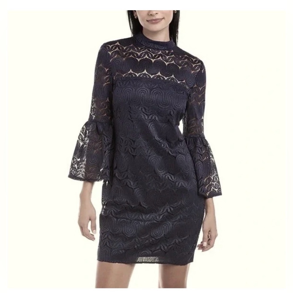 Trina Turk Twist black lace dress sheer bell sleeves,mock neck size 8